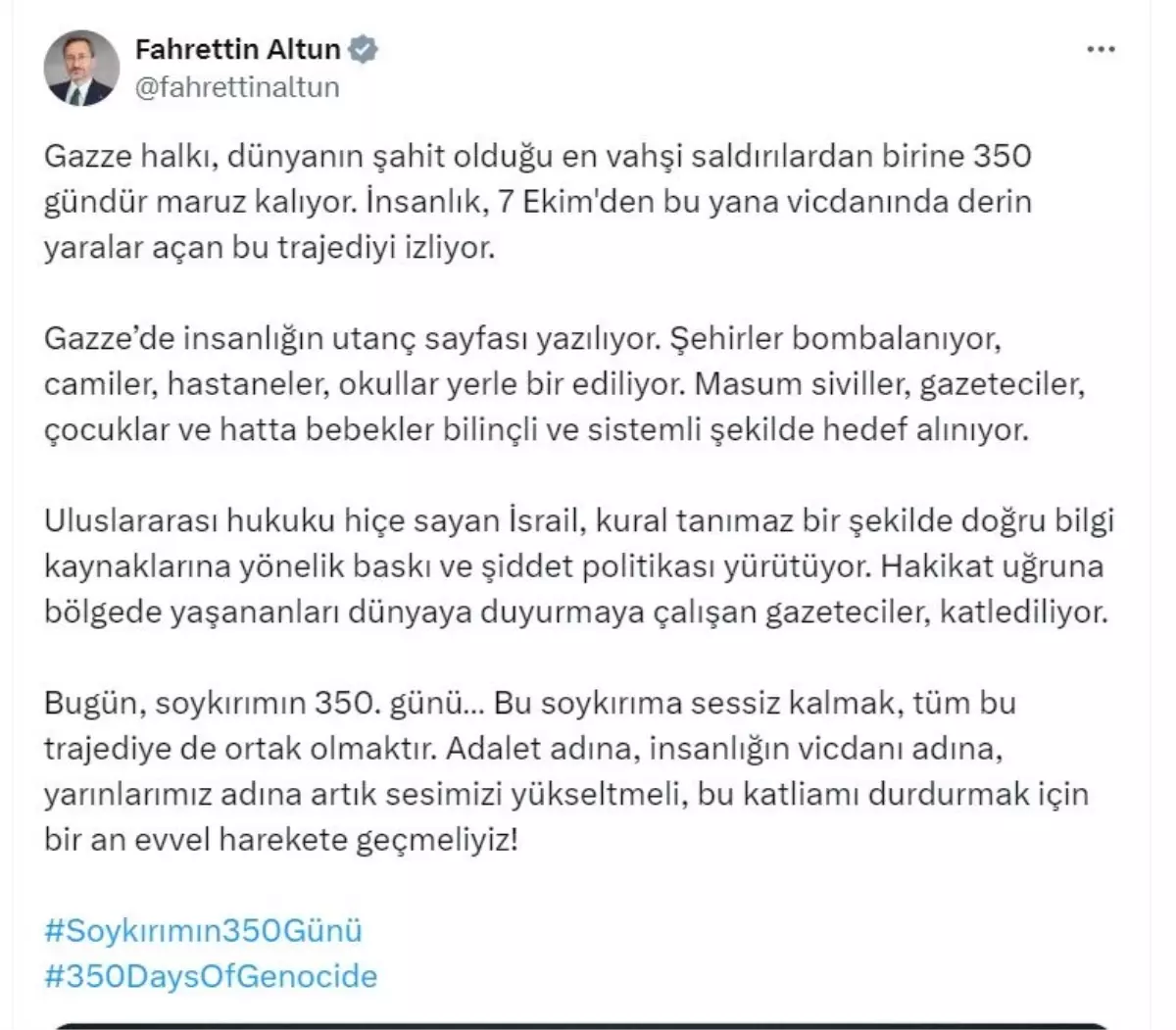 Altun: Gazze’deki Soykırıma Sessiz Kalmak Ortaklıktır