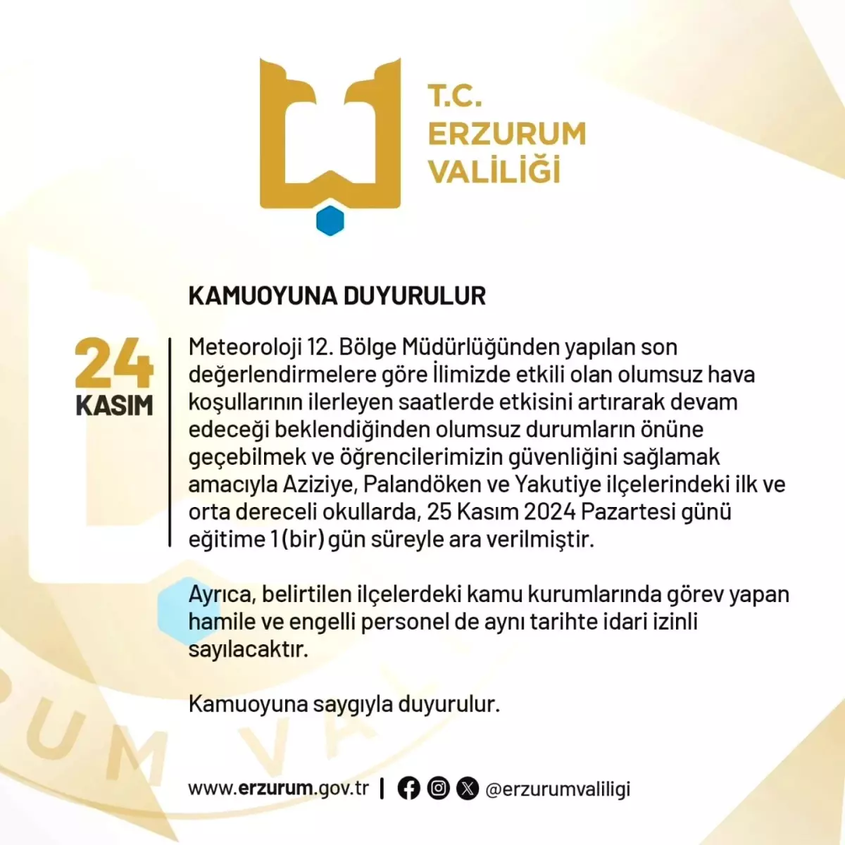 Erzurum’da Kar Nedeniyle Eğitime Ara